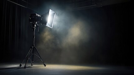 Bright stage light with Fresnel glass lens, halogen bulb, moody dark backdrop