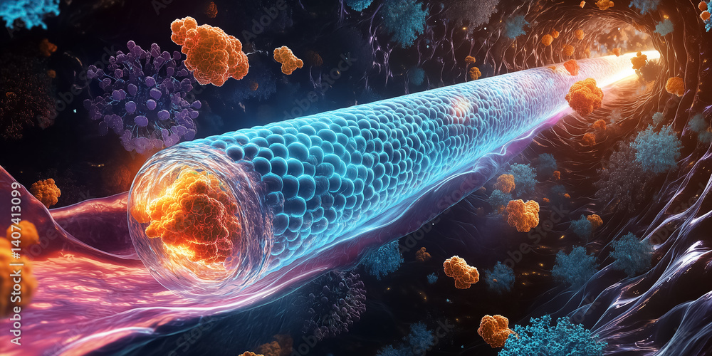 Poster glowing cells move through a vibrant biological structure in a 3d illustration. colorful microorgani