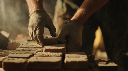 Laborer laying bricks to build a new wall for a building. Featuring masonry and bricklaying