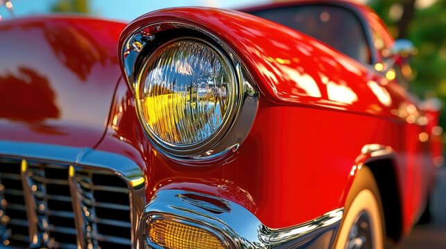 Detail shot of classic red car headlight with reflective chrome ring