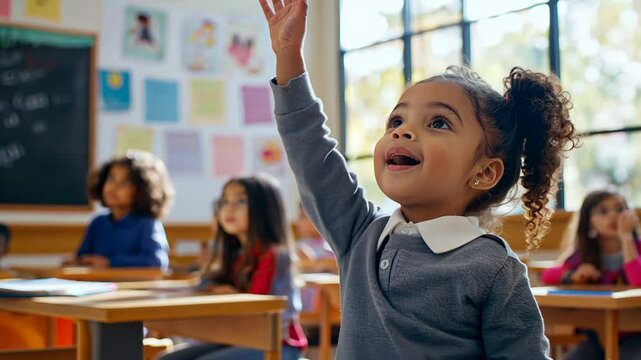 A schoolgirl actively participates by raising her hand in a dynamic classroom setting.