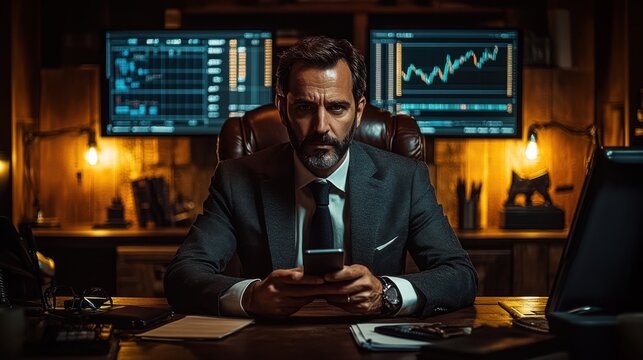 Serious business professional in modern office with financial displays