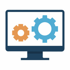 Monitor with gear represents project management or technical leadership icon on white background