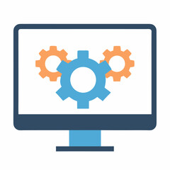 Monitor with gear represents project management or technical leadership icon on white background