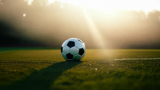 Soccer ball resting on lush green field at golden hour - Powered by Adobe