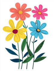 Cheerful floral illustration with colorful flowers in pink, yellow, blue, and orange on a white background. A playful and bright design perfect for spring themes, kids’ decor, greeting cards.