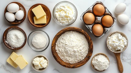 A variety of ingredients for baking, including flour, sugar, eggs, and butter
