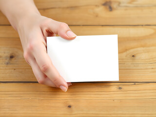 Fototapeta premium Hand holding small blank card against wooden background, ready for text or message. Generative AI