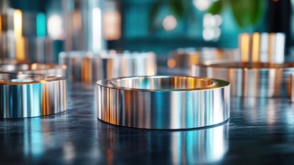 A collection of industrial metal rings exhibited on a polished table, demonstrating their precision engineering and aesthetic appeal in a modern manufacturing environment.