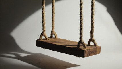 Vintage wooden swing, made from a single piece of rough-hewn wood. In monochrome photograph with sunlit and shadowed elements.