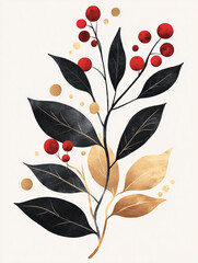 Stylized botanical illustration of red berries with black and golden leaves on a soft background. A modern and festive nature design ideal for seasonal decor, packaging, or elegant invitations.