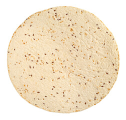 Empty lavash with flax seeds isolated on white background, top view