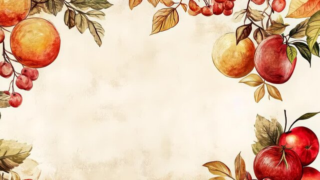 Watercolor Apples and Berries Leaves Border Background