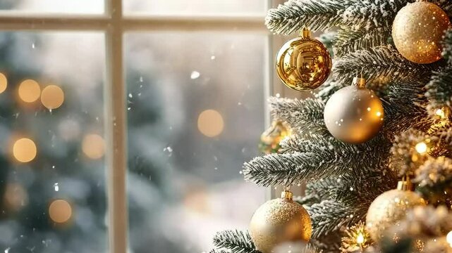 Elegant Christmas tree decorated with gold and white ornaments, snow gently falling outside the window, [Christmas background], [holiday sophistication]