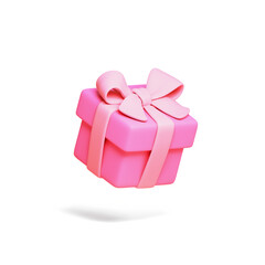 3d render of simple cute kawaii pink gift box wrapped with bow, ribbon for cozy Valentine's Day celebration floating in air. Colorful present for anniversary, birthday, women's day on white background