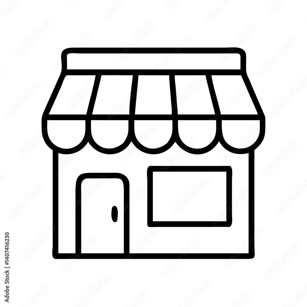 Poster storefront icon vector illustration of a shop building with awning in simple line art style
