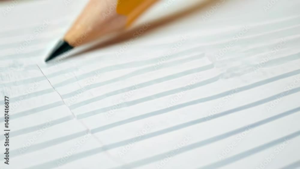 Poster Graphite pencil moving across lined notebook paper, capturing writing process in detailed slow motion close up with crisp visual texture and meticulous movement