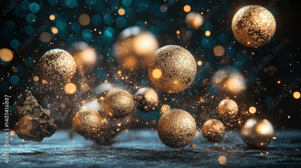 Poster golden spheres and shimmering particles float against a dark backdrop
