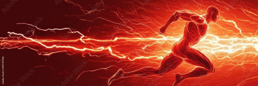 Leinwandbilder stylized figure running with energy burst in a red dynamic background, showcasing strength and speed