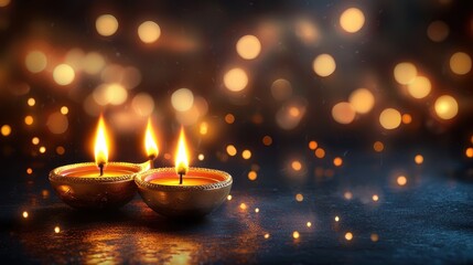 Two glowing oil lamps surrounded by shimmering bokeh lights, creating a warm ambiance.