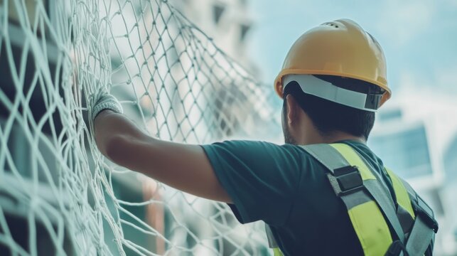 Construction laborer securing safety netting around a building. Featuring caution and thoroughness