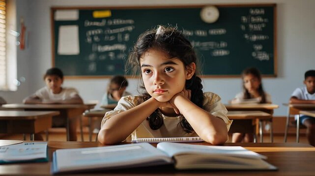 A young woman gazes out the window, seemingly uninterested in the bright classroom setting.
