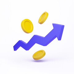 Up Arrow Growth Stock Graph with Money Coin Element. Trade Market Exchange and Financial Increase Concept. Minimal 3d Render Clay Style on Purple Background. Currency and Economy Investment Business.