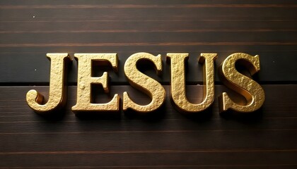 JESUS gold letters written on a dark wood background