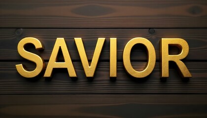 SAVIOR gold letters written on a dark wood background