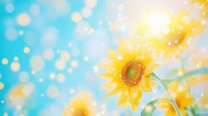 Obraz premium Sunflower Symphony: Vibrant sunflowers bathed in soft sunlight bloom against a serene blue sky background, a testament to nature's beauty.