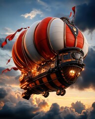 Obraz premium A majestic fantasy airship, a steampunk marvel with vibrant red and white balloons, soars gracefully through an April sky at sunset, showcasing intricate details and