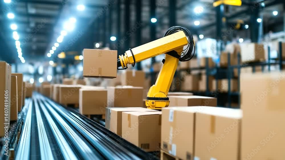 Poster a robotic arm swiftly redirects packages on a high-tech conveyor belt as an automated logistics syst
