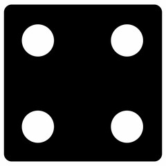 black and white dice graphic icon. Black game dice cube with four white dots. Traditional die with numbers of 4 dots