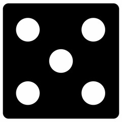 black and white dice graphic icon. Black game dice cube with five white dots. Traditional die with numbers of 5 dots