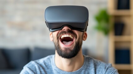Man enjoying virtual reality experience in modern living room, laughing and engaging with digital content during leisure time
