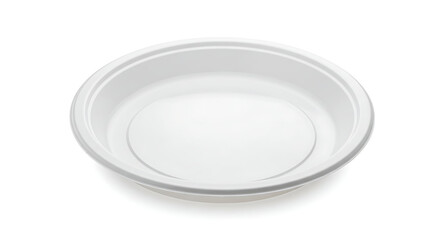 Round white disposable plate with a clean practical design, on a white background for party and catering promotions.