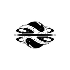 Minimalist Planet Design with Geometric Rings, Black & White Illustration