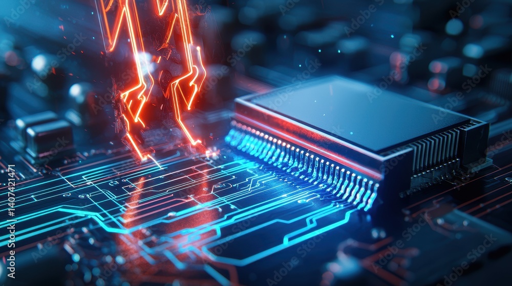 Aufkleber futuristic close-up of a circuit board with glowing neon lines and a microchip focus.