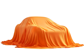 Covered car draped in vibrant orange fabric on a white background.