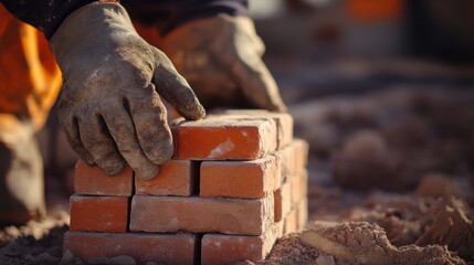 Construction laborer stacking bricks at a worksite. Featuring efficiency and focus