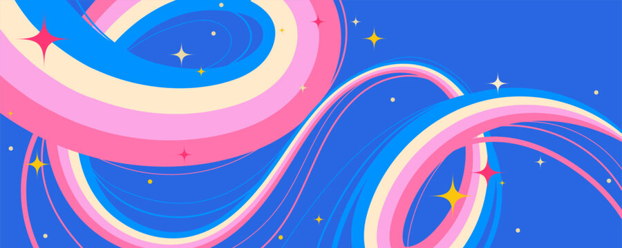 Fototapeta Vibrant Cosmic Swirls with Neon Colors and Stars on Blue Background. Playful design with groovy curves and waves. Great for music visuals, modern posters, web and branding