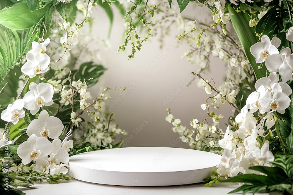 Poster white podium display surrounded by orchids and greenery for product presentation backdrop setting sc