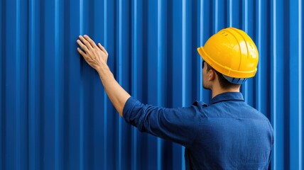 Trade conflict, import tax and shipment concept. A construction worker inspects a textured blue wall while wearing a safety helmet, demonstrating attention to detail in a professional setting.