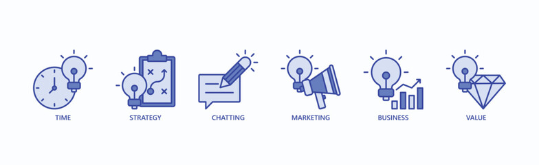 Strategic Business Synergy Icon Set Isolated Vector Illustration Concept With Icon Of Time, Strategy, Chatting, Marketing, Business, Value In Blue Style