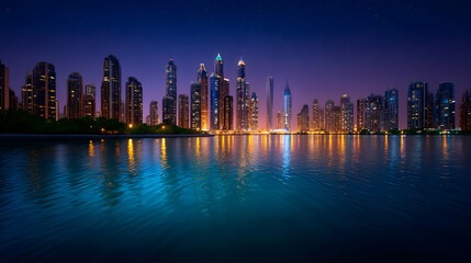 Fototapeta premium Night cityscape reflected in calm water, showing illuminated skyscrapers under a twilight sky . Generative AI