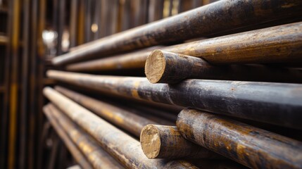 Construction laborer stacking scaffolding poles. Featuring efficiency and organization