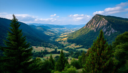 Panoramic view of a serene mountain valley with lush green forests, meadows, and a prominent rock formation under a vibrant blue sky . Generative AI