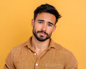 Obraz premium Pensive young man with dark hair and beard, wearing a light brown shirt against a yellow background . Generative AI