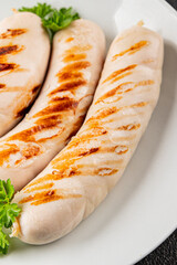 White sausage grill Bockwurst pork meat Bratwurst natural food vegetables dish organic product fresh tasty gourmet food background on the table rustic food top view copy space