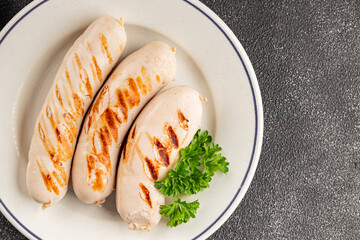 White sausage grill Bockwurst pork meat Bratwurst natural food vegetables dish organic product...